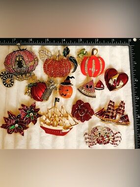12pc Vintage Style Brooch Pin Lot Pumpkin Halloween Nautical Rhinestone Enamel